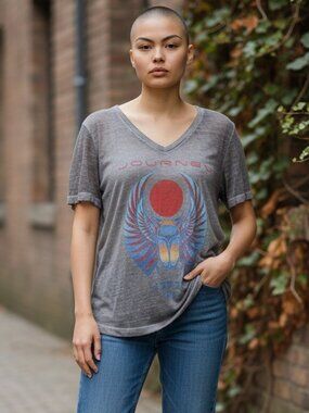 Journey by Lucky Brand Sheer Gray V-Neck Short Sleeve Tee Size XL GUC
